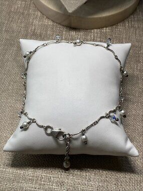 Sterling Silver 925 Anklet Faux Pearl Crystal Dangle Chain 9” + Drop Boho